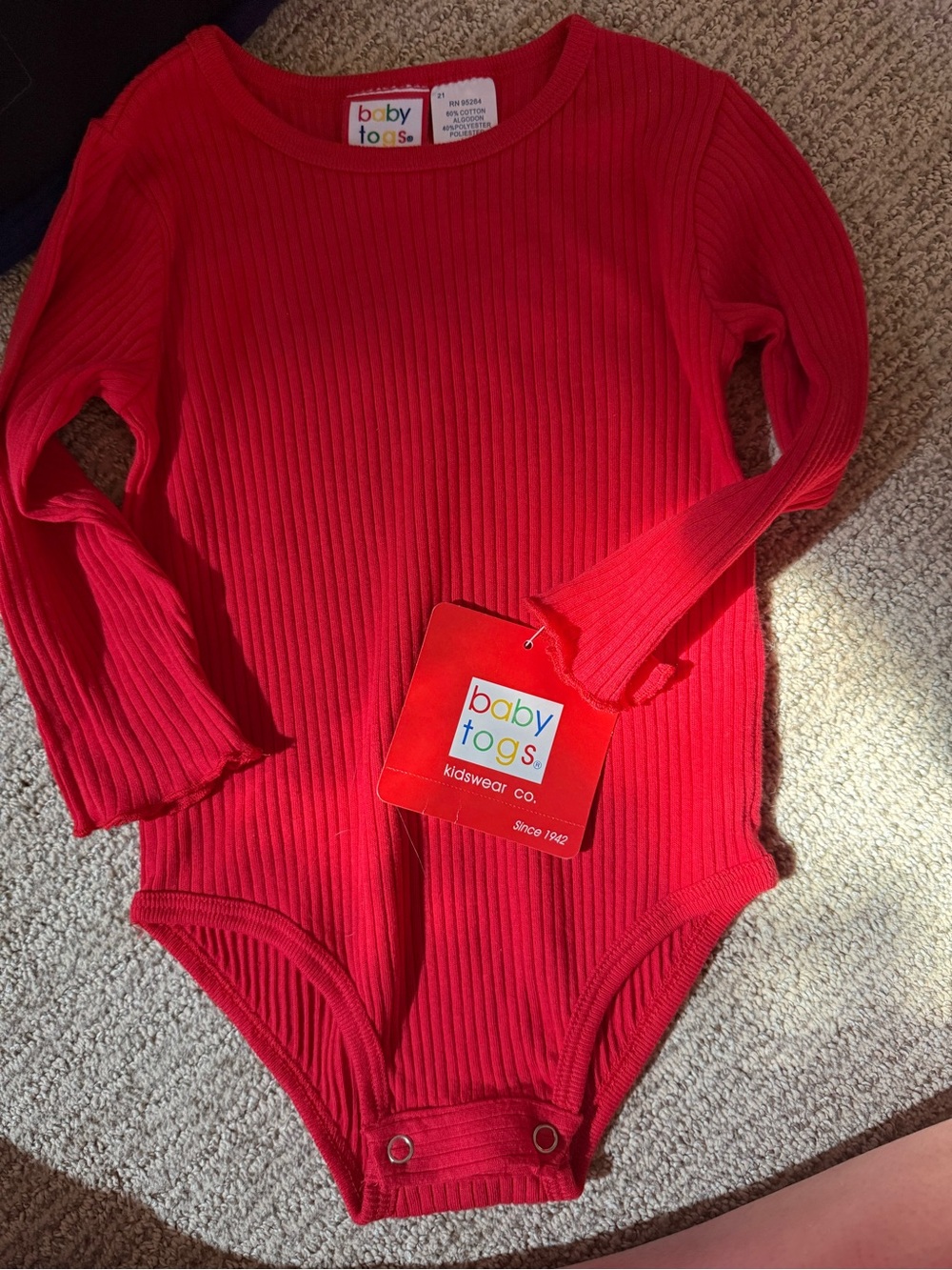 Red Ribbed Long-Sleeve Bodysuit